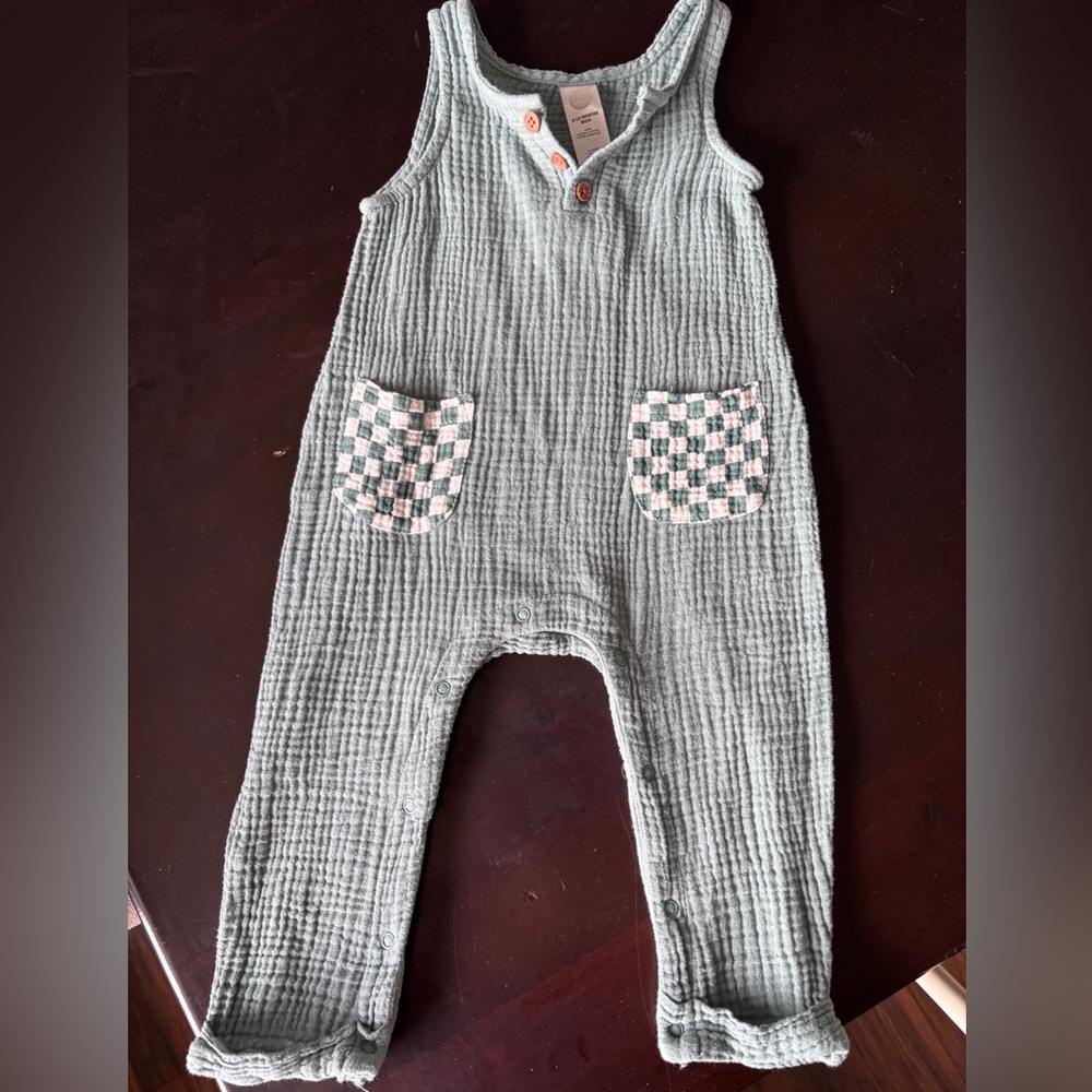 Teal Textured Baby Romper with Checkered Pockets